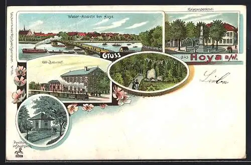 Lithographie Hoya / Weser, Ost-Bahnhof, Kriegerdenkmal und Weseransicht