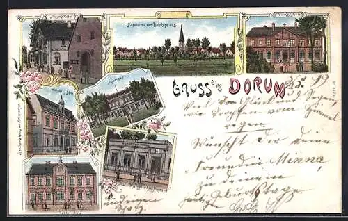 Lithographie Dorum, Bahnhofs-Hotel, Apotheke, Rektorschule, Volksschule, Meyer`s Hotel und Kaiserliches Postamt