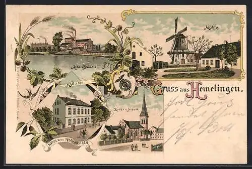 Lithographie Hemelingen, Hotel zum Kronprinzen, Bes. H. Witter, Actien-Brauerei und Windmühle