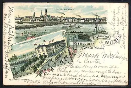 Lithographie Mülheim a. Rh., Restaurant Josef Wiesel, Panorama der Stadt