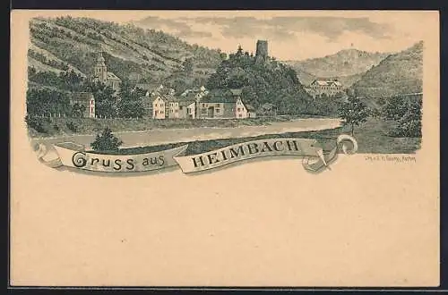 Lithographie Heimbach / Eifel, Ortsansicht mit Burgruine