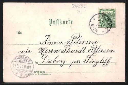 Lithographie Jübek, Gasthof zum Bahnhof, Bahnhof und Windmühle