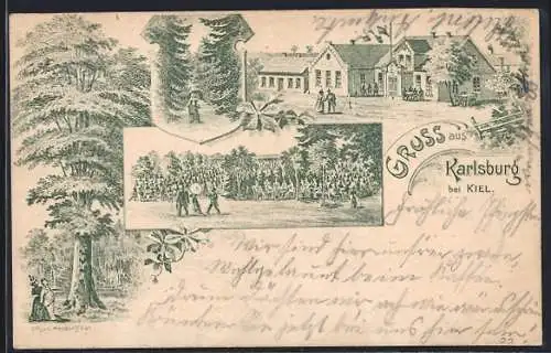 Lithographie Kiel, Gasthaus Karlsburg mit Gartenansicht
