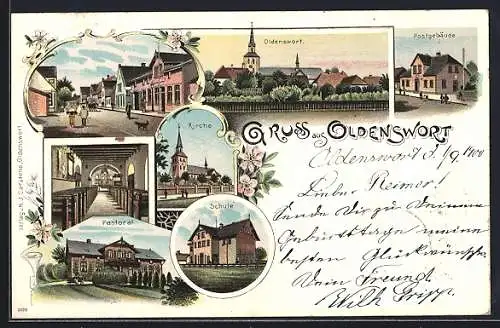 Lithographie Oldenswort, Kirche, Postgebäude, Pastorat