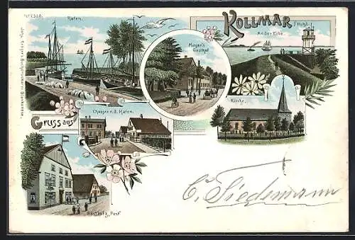 Lithographie Kollmar i. Holst., Magen`s Gasthof, Gasthof zur Post, Hafen und Kirche