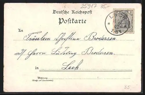 Lithographie Leck, Bahnhof, Hauptstrasse, Schule, Postamt