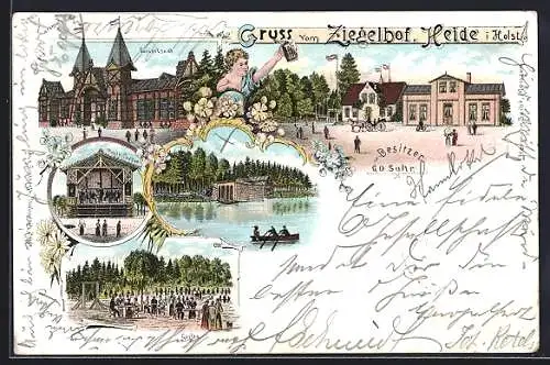 Lithographie Heide / Holstein, Gasthaus Ziegelhof, Musik-Pavillon mit Konzert, Konzertsaal