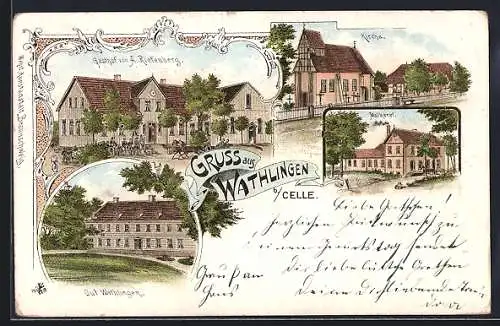 Lithographie Wathlingen b. Celle, Gasthof von A. Riefenberg, Kirche und Molkerei, Gutshof