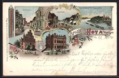 Lithographie Hoya /Weser, Deichstrasse, Langestrasse, Schule, Post