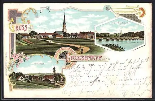 Lithographie Griesstätt a. Inn, Ortsansicht, Neue Innbrücke, Altenhohenau