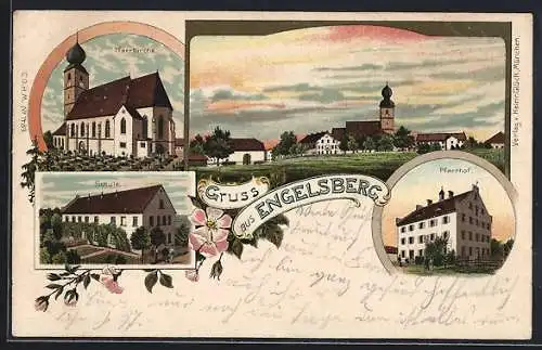 Lithographie Engelsberg / Garching, Ortsansicht, Pfarrkirche, Pfarrhof, Schule