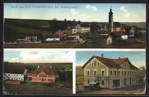 AK Rattenkirchen bei Weidenbach, Gasthaus von J. Hargasser, Pfarrhof und Ortsansicht