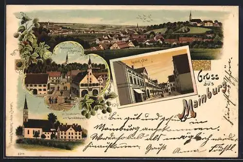 Lithographie Mainburg, Gasthof zur Post, Marktplatz mit Rathaus