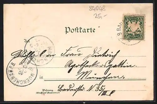 Lithographie Mainburg, Gasthof zur Post, Marktplatz mit Rathaus