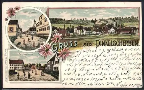 Lithographie Dinkelscherben, Marktstrasse und Bahnhofstrasse, Totalansicht