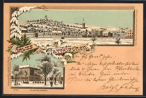 Winter-Lithographie Pfarrkirchen, Dr. Bayer-Strasse und Totalansicht