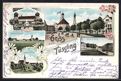 Lithographie Tüssling, Oberer Markt, Unterer Markt, Schloss und Wallfahrtskirche