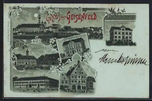 Mondschein-Lithographie Geisenfeld, Post und Gasthof Fuchsbüchler, Krankenhaus, Knabenschule und Rathaus