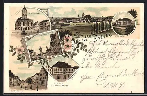 Lithographie Erding, Bezirksamt, Krankenhaus, Schrannenplatz, Lange Zeile und Landshuter Tor