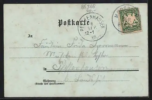 Mondschein-Lithographie Moosburg, Restaurant zur Länd, Poststrasse, Martenplatz, Rathaus und Kirchenplatz