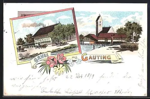 Lithographie Gauting, Gasthaus von georg Hittl, Kirchenansicht
