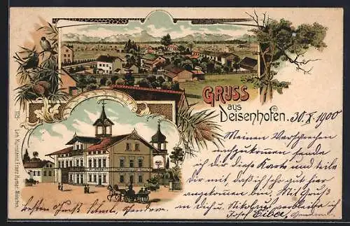 Lithographie Deisenhofen / Oberhaching, A. Röder`s Mineralwasserfabrik und Totalansicht
