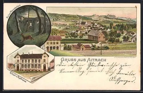 Lithographie Aitrach, Ruine Marstetten, Schul- und Rathaus, Ortsansicht aus der Vogelschau
