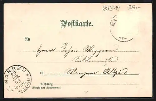 Lithographie Aitrach, Ruine Marstetten, Schul- und Rathaus, Ortsansicht aus der Vogelschau