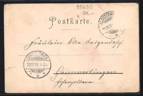 Lithographie Pfullendorf in Baden, Amtsgericht, Kircheninneres und Bahnhof