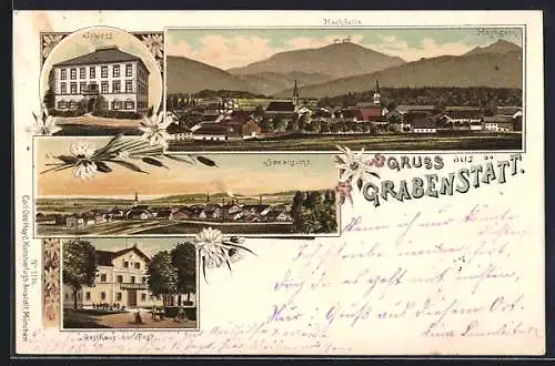 Lithographie Grabenstätt / Traunstein, Blick zum Ort, Schloss, Gasthaus zur Post