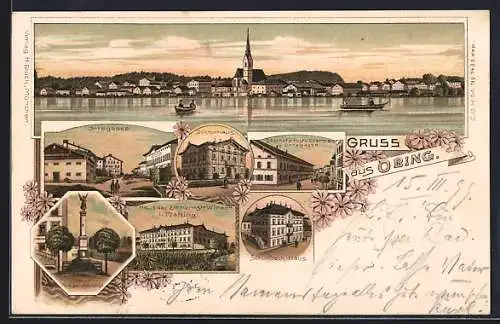 Lithographie Obing, Gasthof zur Post in der Ortsgasse, Schuhbeck-Haus, Kriegerdenkmal