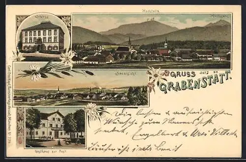 Lithographie Grabenstätt / Traunstein, Blick zum Ort, Schloss, Gasthaus zur Post