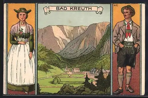 Künstler-AK Bad Kreuth, Ortsansicht mit Berglandschaft, Paar in Trachten