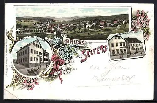 Lithographie Selters / Westerwald, Gasthof Frohneberg, Hotel Hilgers und Hotel Neuhaus, Totalansicht