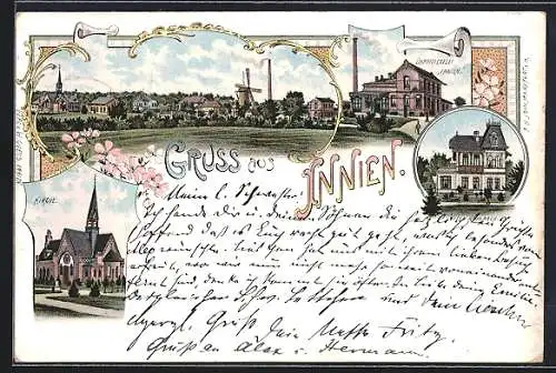 Lithographie Innien, Dampfziegelei, Villa Kühlsruh und Kirche