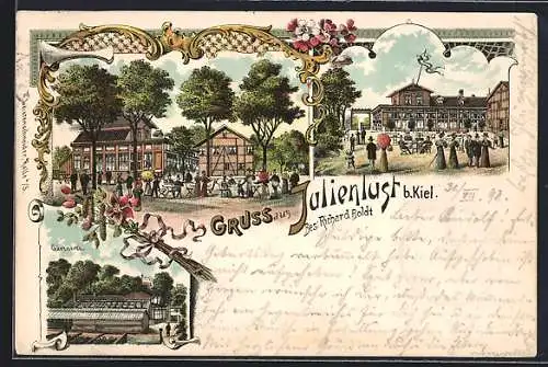 Lithographie Kiel, Gasthof Julienlust, Bes. Richard Boldt