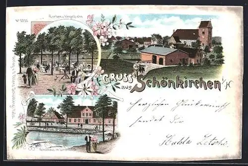Lithographie Schönkirchen i. H., Gasthaus im Landhause, Garten und Kegelbahn