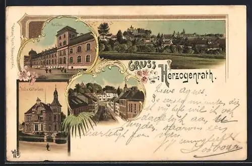 Lithographie Herzogenrath, Villa Katterbach, Strassenpartie und Totalansicht
