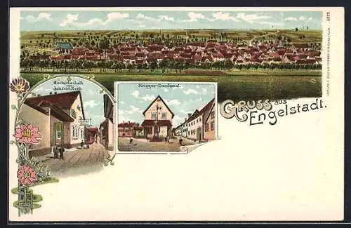 Lithographie Engelstadt, Gastwirtschaft von Friedrich Hoch, Krieger-Denkmal & Totalansicht