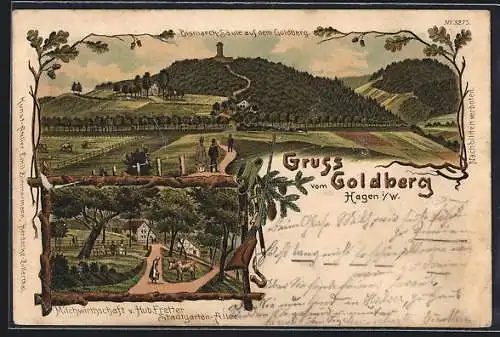 Lithographie Hagen i. W., Gasthaus Goldberg, Milchwirtschaft von Hub. Fretter, Bismarck-Säule