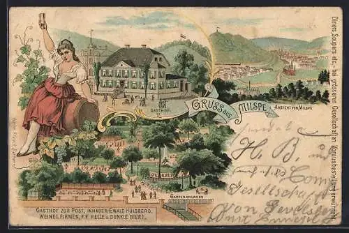 Lithographie Milspe, Gasthof zur Post, Inh. Ewald Hülsberg, Ortsansicht