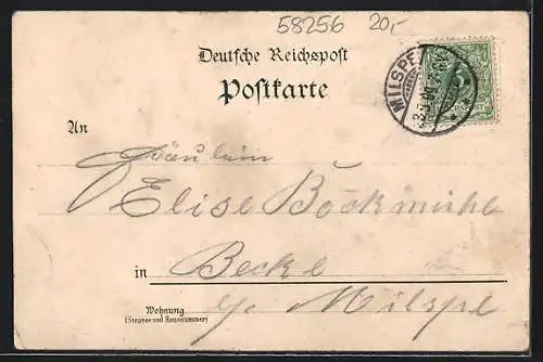 Lithographie Milspe, Gasthof zur Post, Inh. Ewald Hülsberg, Ortsansicht