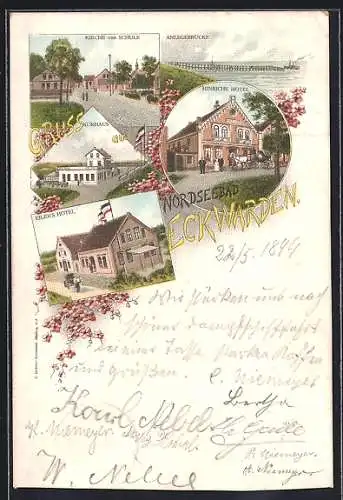 Lithographie Eckwarden, Eiler`s Hotel, Kirche und Schule, Kurhaus, Hinrich`s Hotel