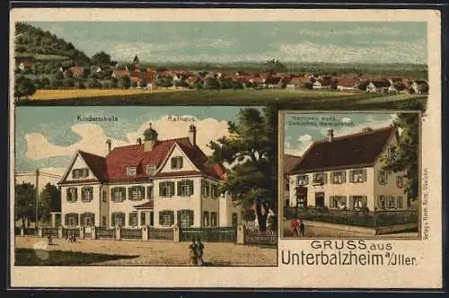 Lithographie Unterbalzheim a. Iller, Gemischtwarenladen Hermann Ranz, Kinderschule und Rathaus, Totalansicht