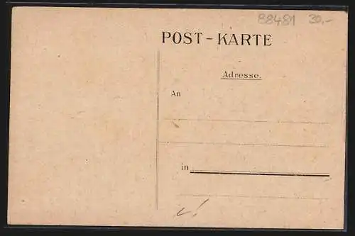 Lithographie Unterbalzheim a. Iller, Gemischtwarenladen Hermann Ranz, Kinderschule und Rathaus, Totalansicht