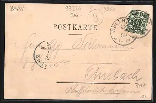 Lithographie Aulendorf, Ortsansicht mit Bahnhof und Gebäudeansicht
