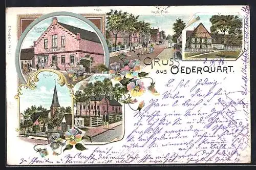 Lithographie Oederquart, Norden`s Hotel, Kirche, Schule, Gut Oerichsheil