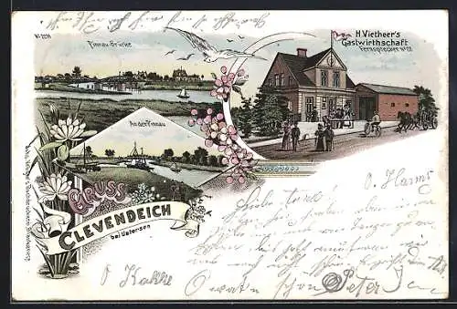 Lithographie Clevendeich, H. Vietheer`s Gasthaus, Pinnau-Brücke