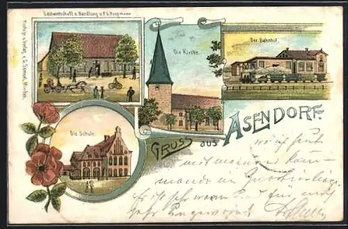 Lithographie Asendorf / Diepholz, Gasthaus und Handlung F. G. Hoopmann, Schule, Kirche, Bahnhof
