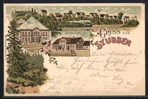 Lithographie Stubben / Lauenburg, Harkes Gasthaus mit Post, Bahnhof, Totalansicht